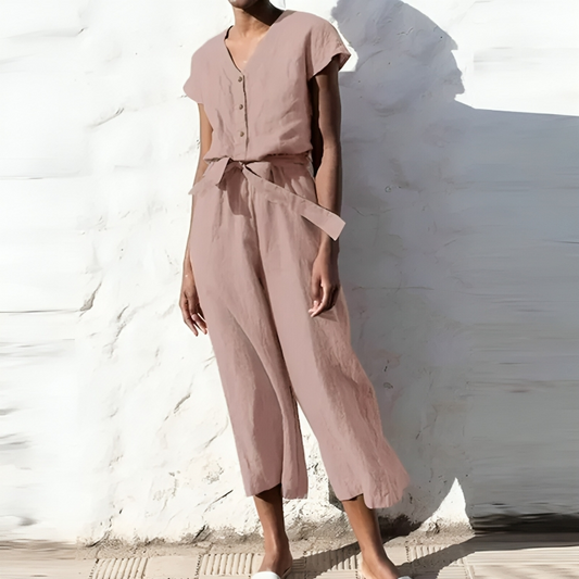 Lizzette - Tuta casual a maniche corte con scollo a V e gamba dritta