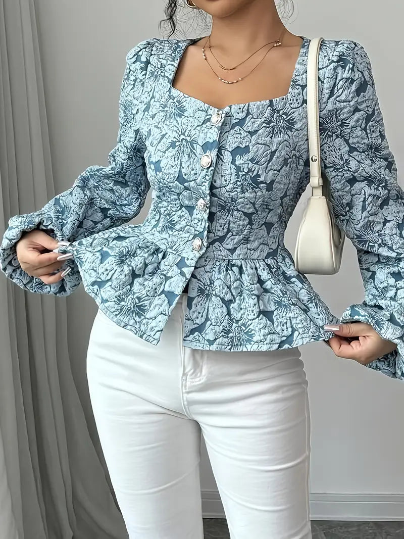 Eliza - Elegante top jacquard floreale con orlo arricciato