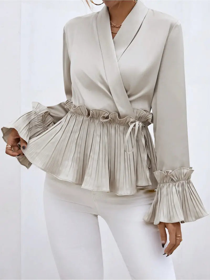 Esther - Elegante top a maniche lunghe con scollo a V e dettaglio plissettato