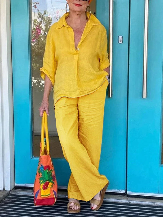 Yasmin - Elegante completo con blusa a maniche lunghe e pantaloni larghi