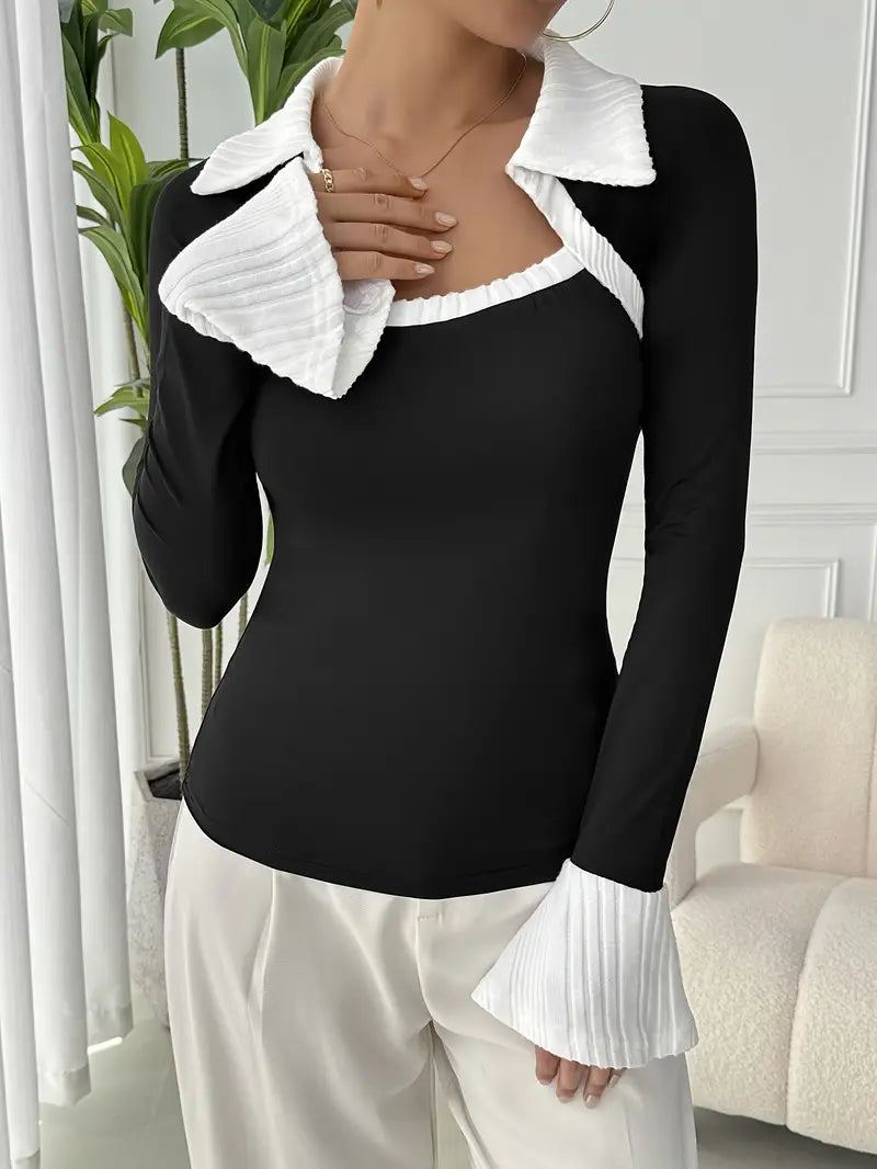 Greta - Top da donna a contrasto con colletto