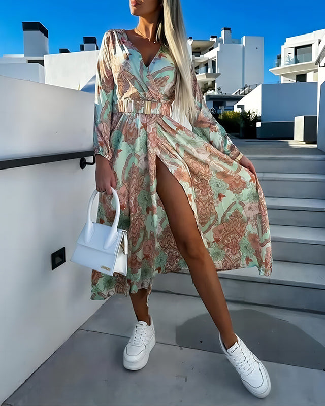 Vestito midi primaverile a maniche lunghe con motivo floreale Paisley