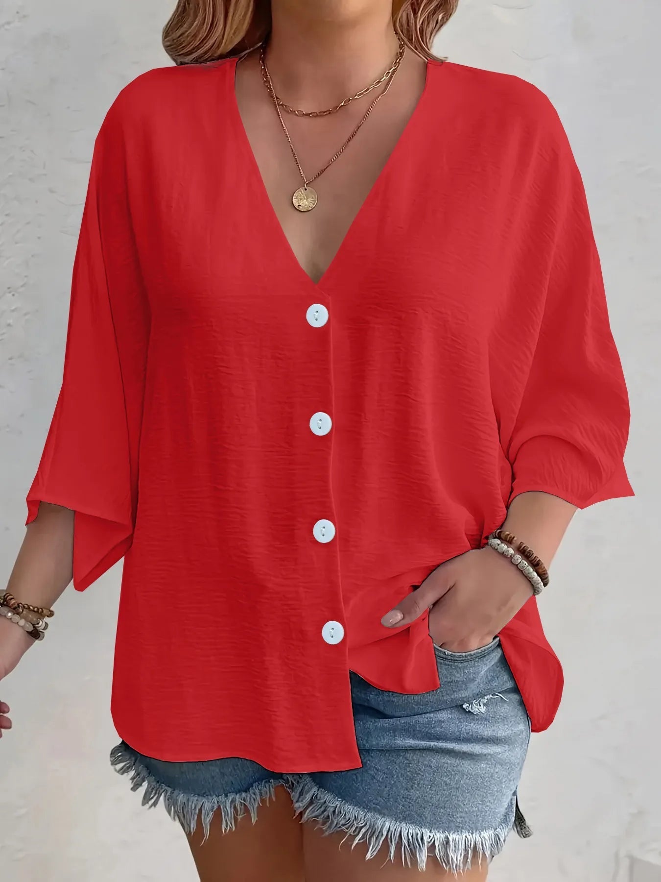 Amirah - Blusa casual ampia con scollo a V e bottoni