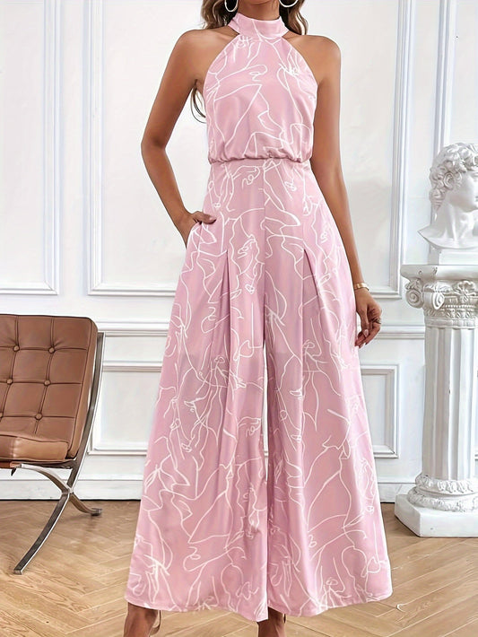 Akira - Elegante Tuta a Gamba Larga con Collo Halter e Stampa Astratta