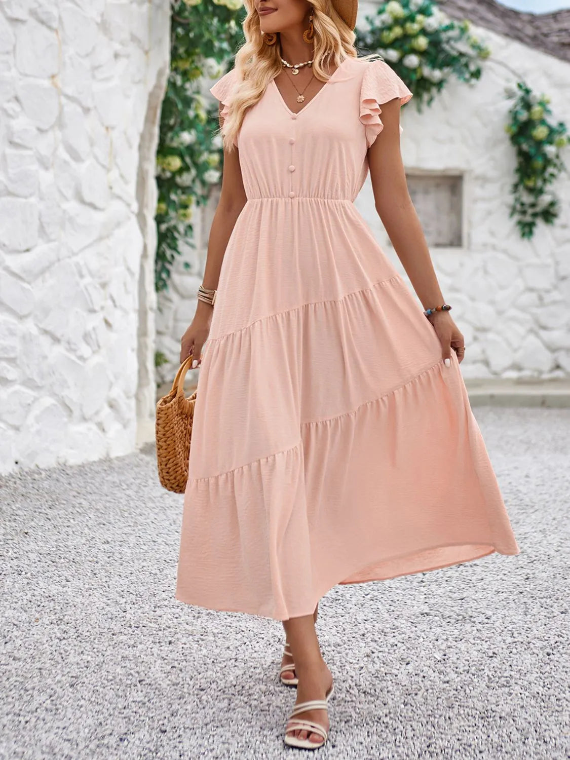 Riza - Elegante abito con scollo a V e maniche a volant