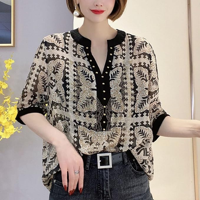 Greta - Top con scollo a V con stampa fashion