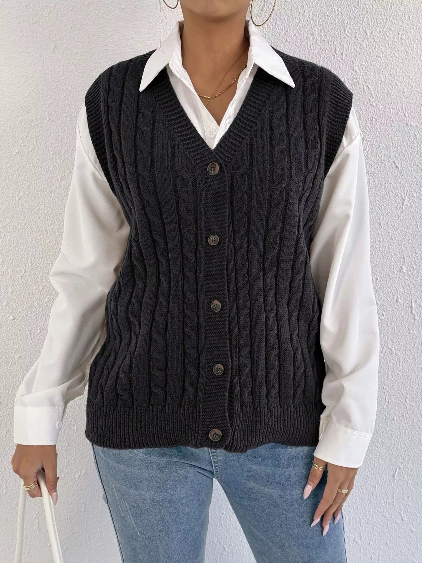 Allison - Gilet casual caldo senza maniche con scollo a V e bottoni