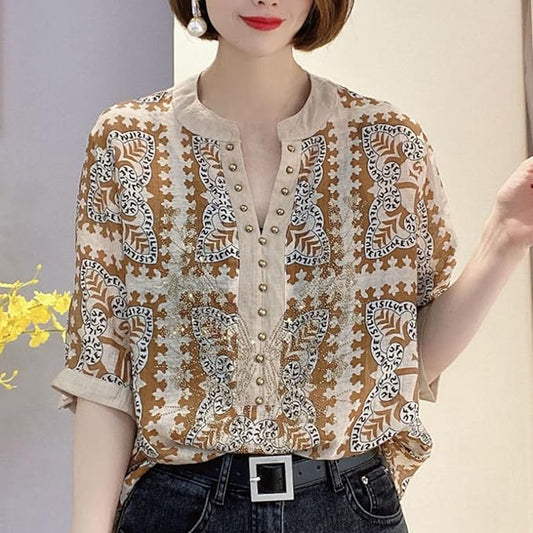Greta - Top con scollo a V con stampa fashion