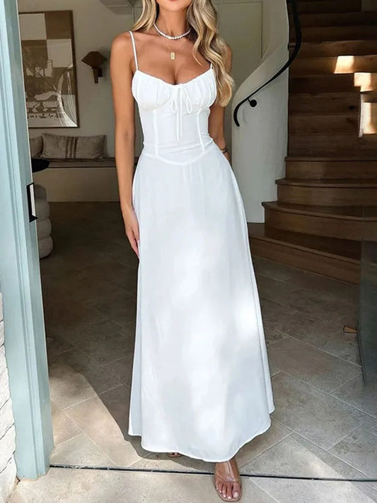 Donna - Elegante abito lungo con spalline arricciate