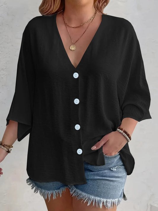 Amirah - Blusa casual ampia con scollo a V e bottoni