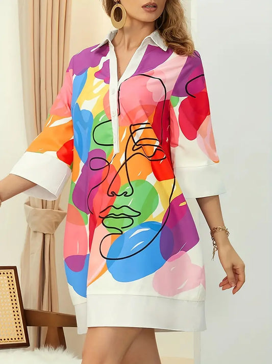 Sarah - Elegante abito-camicia con stampa colorata del viso