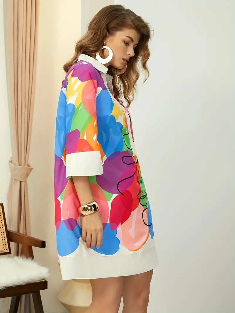 Sarah - Elegante abito-camicia con stampa colorata del viso