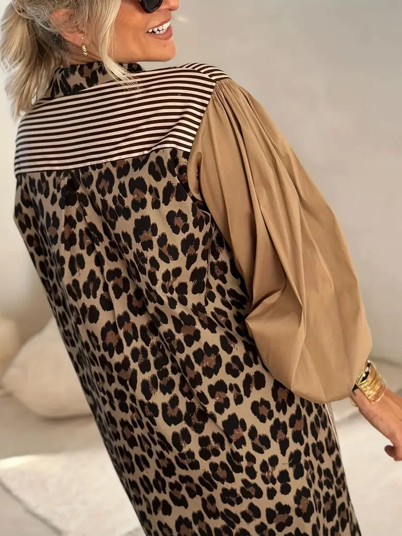 Estelle - Elegante abito lungo a righe e stampa leopardata