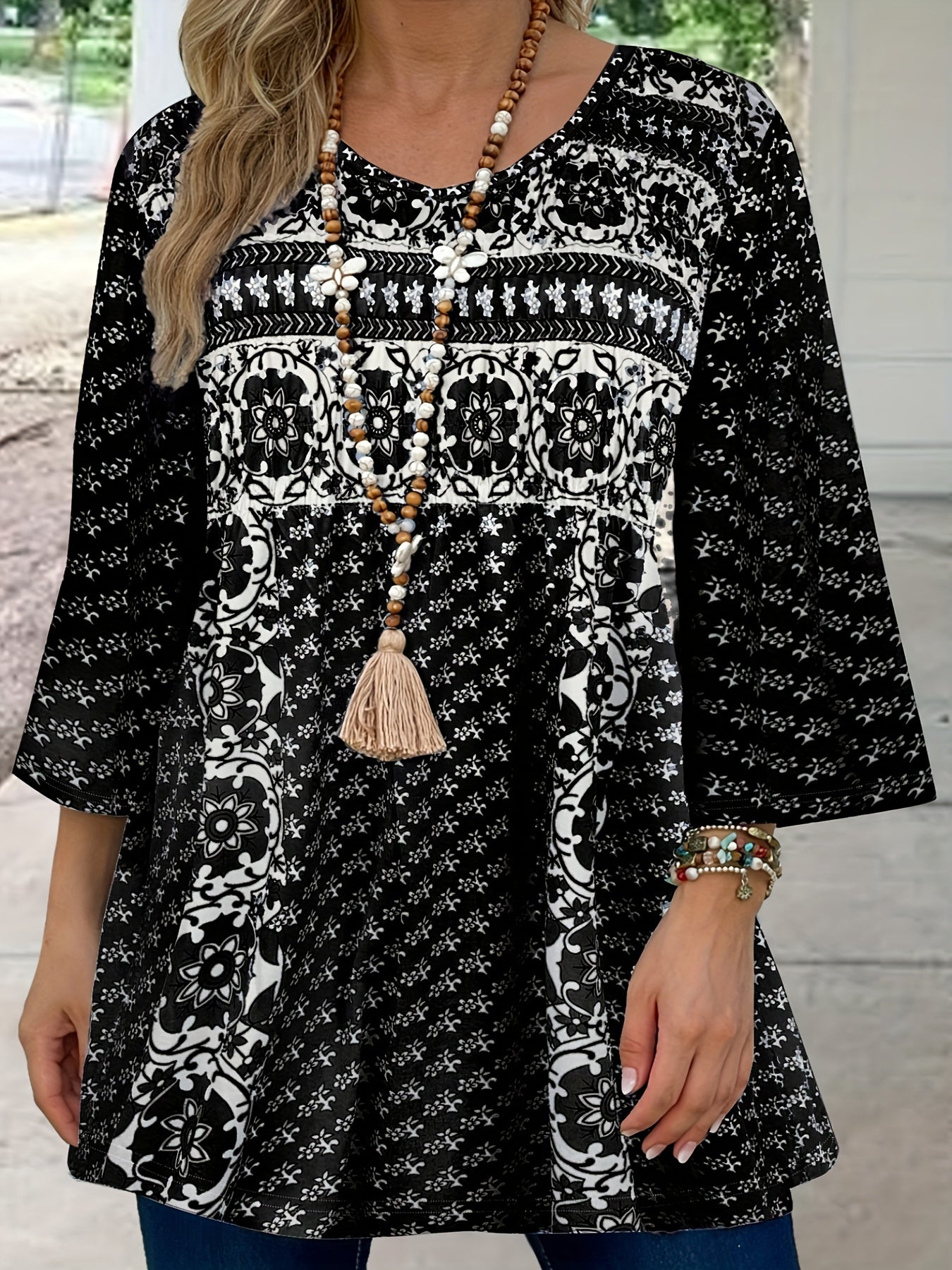 Patrisha – Elegante blusa ampia a mezza manica con stampa boho