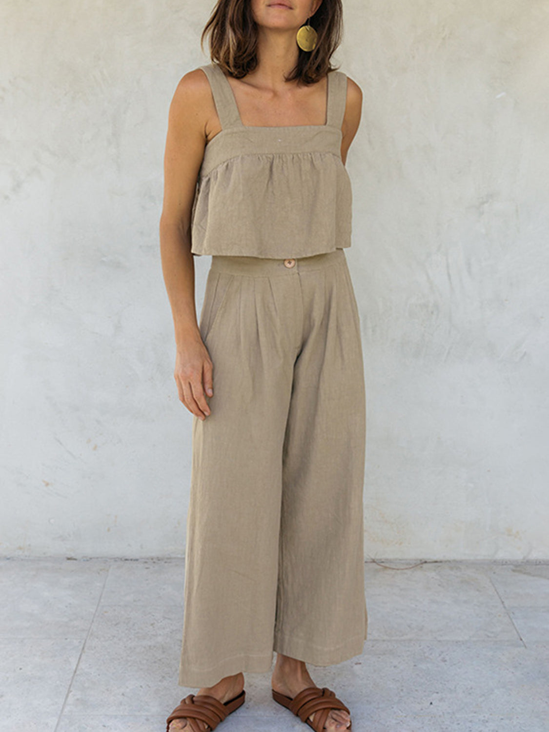 Meilin - Elegante completo con top corto a scollo quadrato e spalline larghe e pantaloni