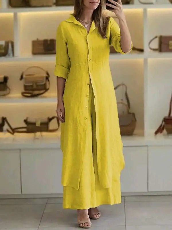 Sunniva - Completo casual in lino con abito lungo abbottonato e pantaloni a gamba larga