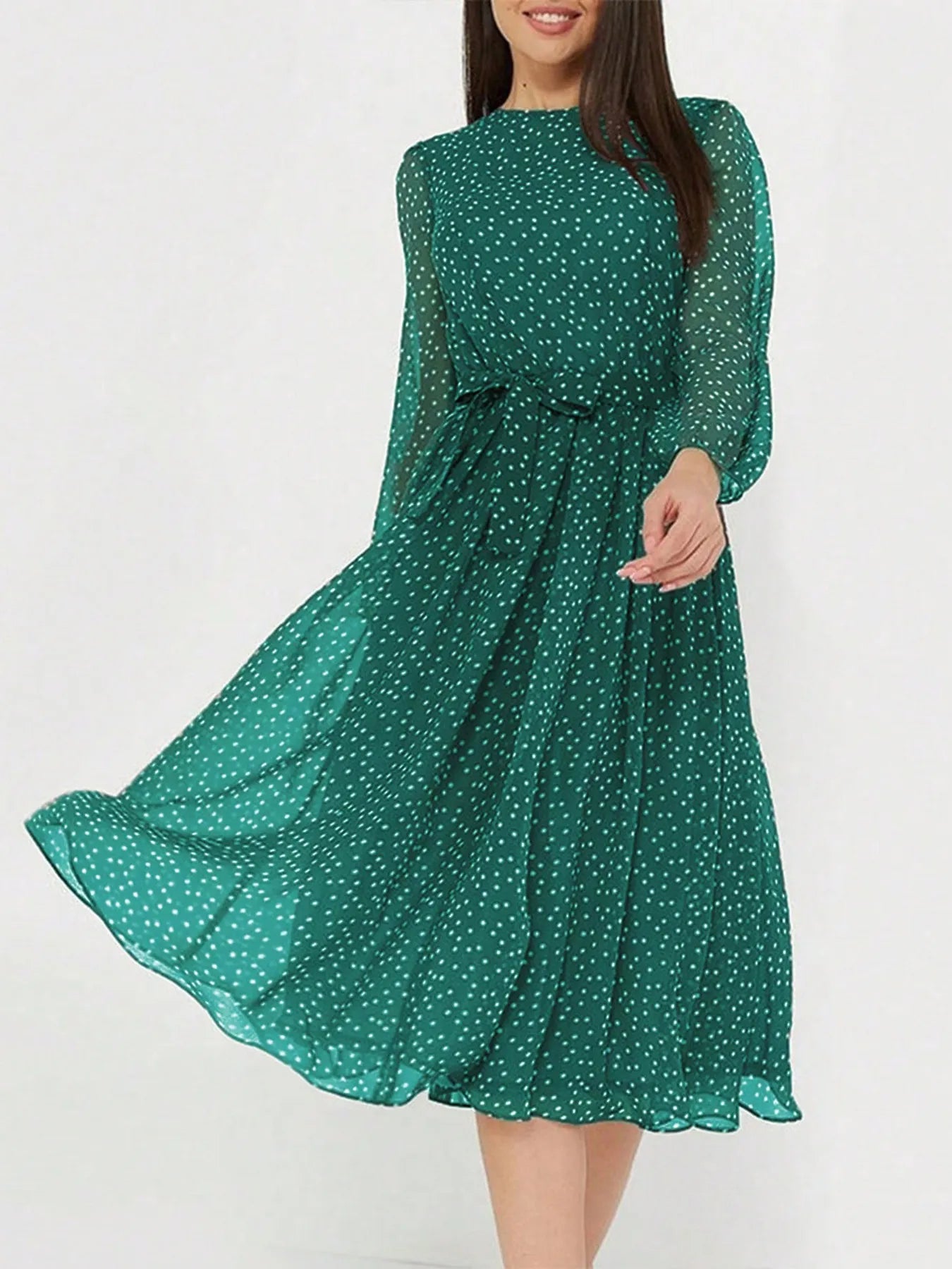 Zahra - Abito midi elegante a pois con maniche lunghe e scollo tondo