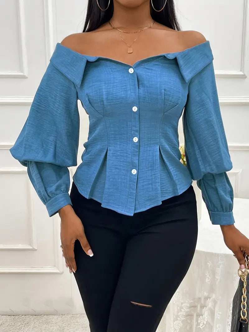 Mabel - Elegante top in denim a maniche lunghe con spalle scoperte