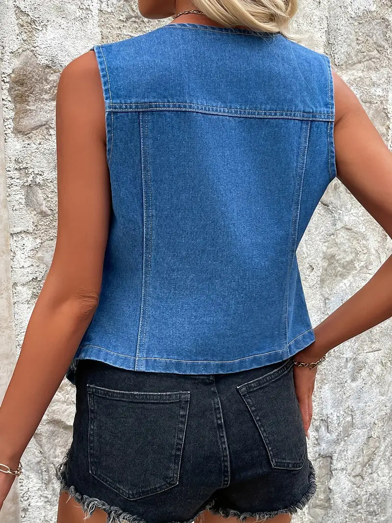 Wilma - Gilet in denim da donna senza maniche con scollo a V