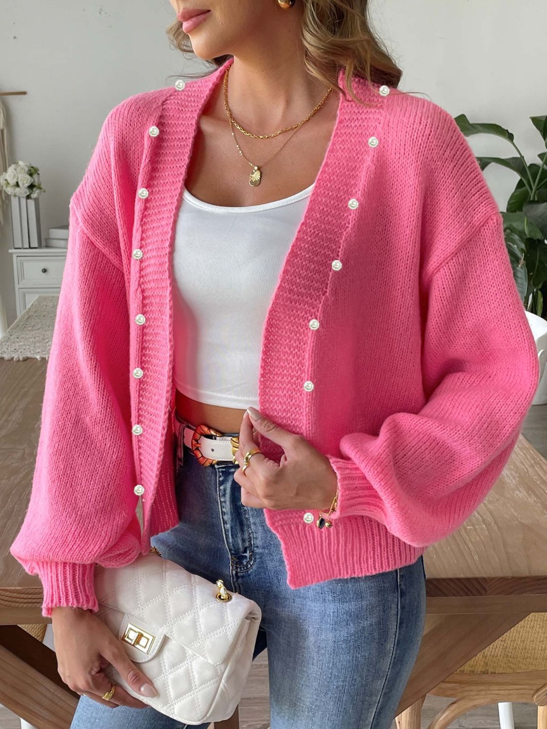 Kenna - Cardigan elegante aperto con perle e maniche lunghe
