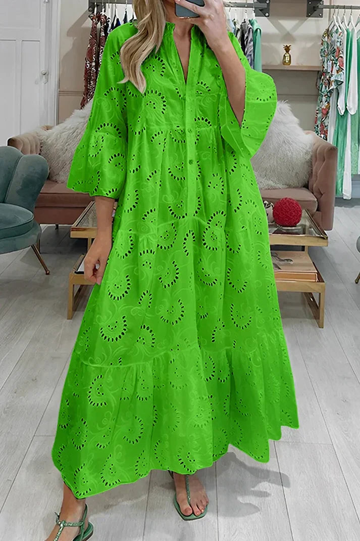 Mirasol - Elegante abito maxi vintage ricamato con maniche a campana