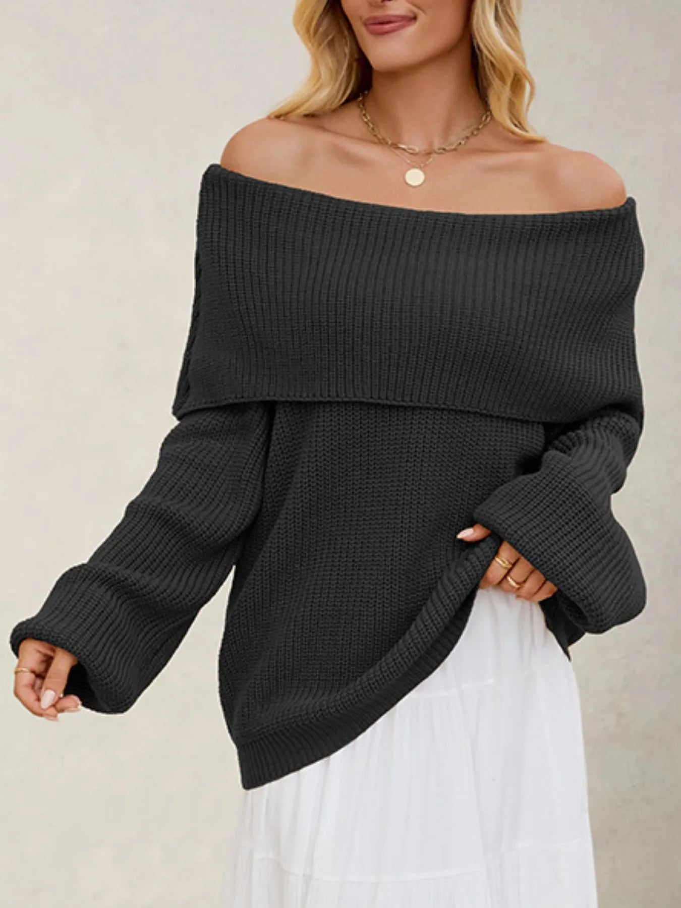 Xelaria - Maglione elegante oversize con maniche lunghe e colletto risvoltato
