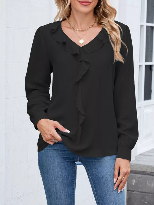 Zerlina - Elegante blusa a maniche lunghe con scollo a V e volant