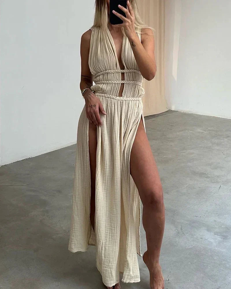 Diana - Abito elegante in cotone e lino con pizzo e spacchi intrecciati