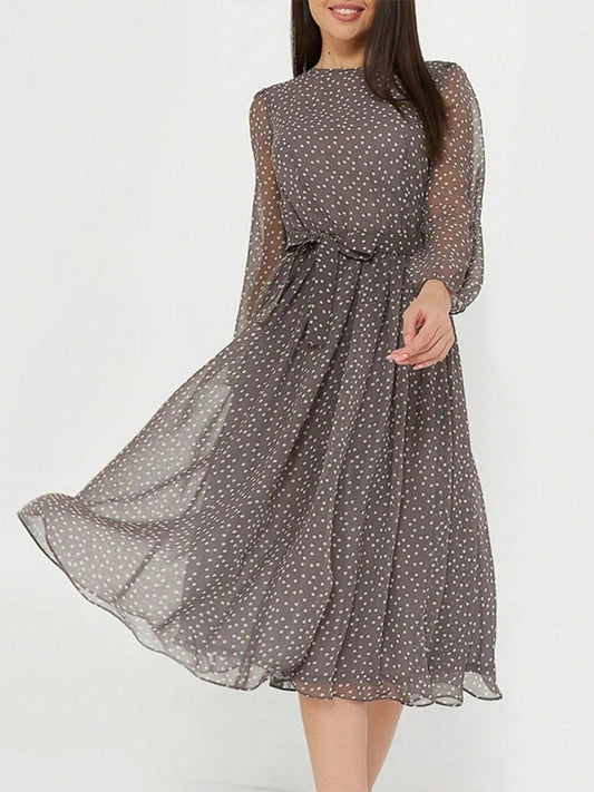 Zahra - Abito midi elegante a pois con maniche lunghe e scollo tondo
