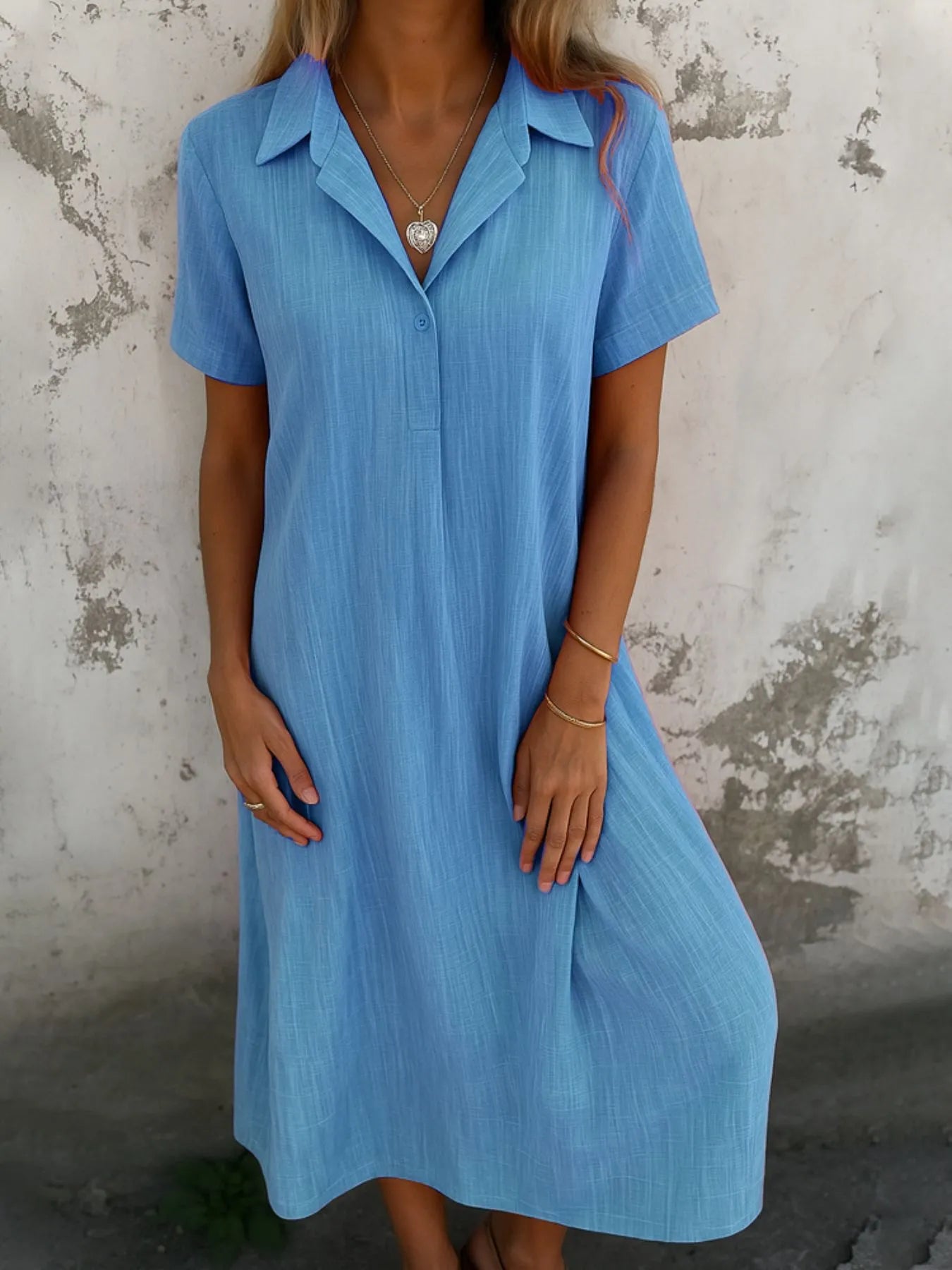 Julina - Abito lungo casual a maniche corte con colletto polo morbido