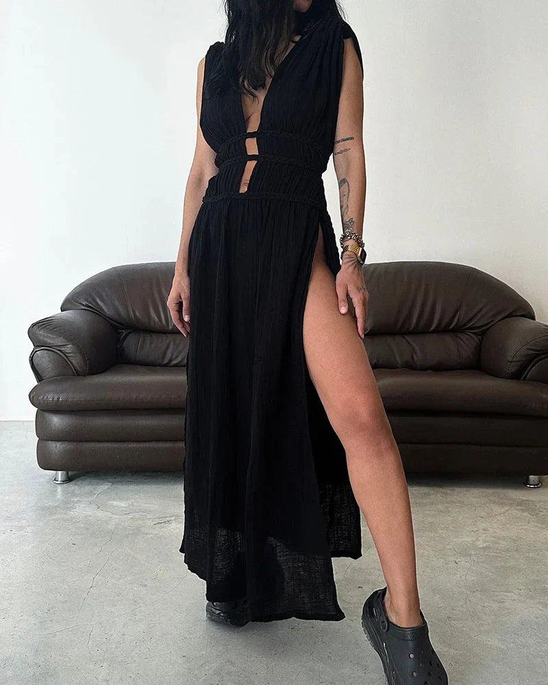 Diana - Abito elegante in cotone e lino con pizzo e spacchi intrecciati
