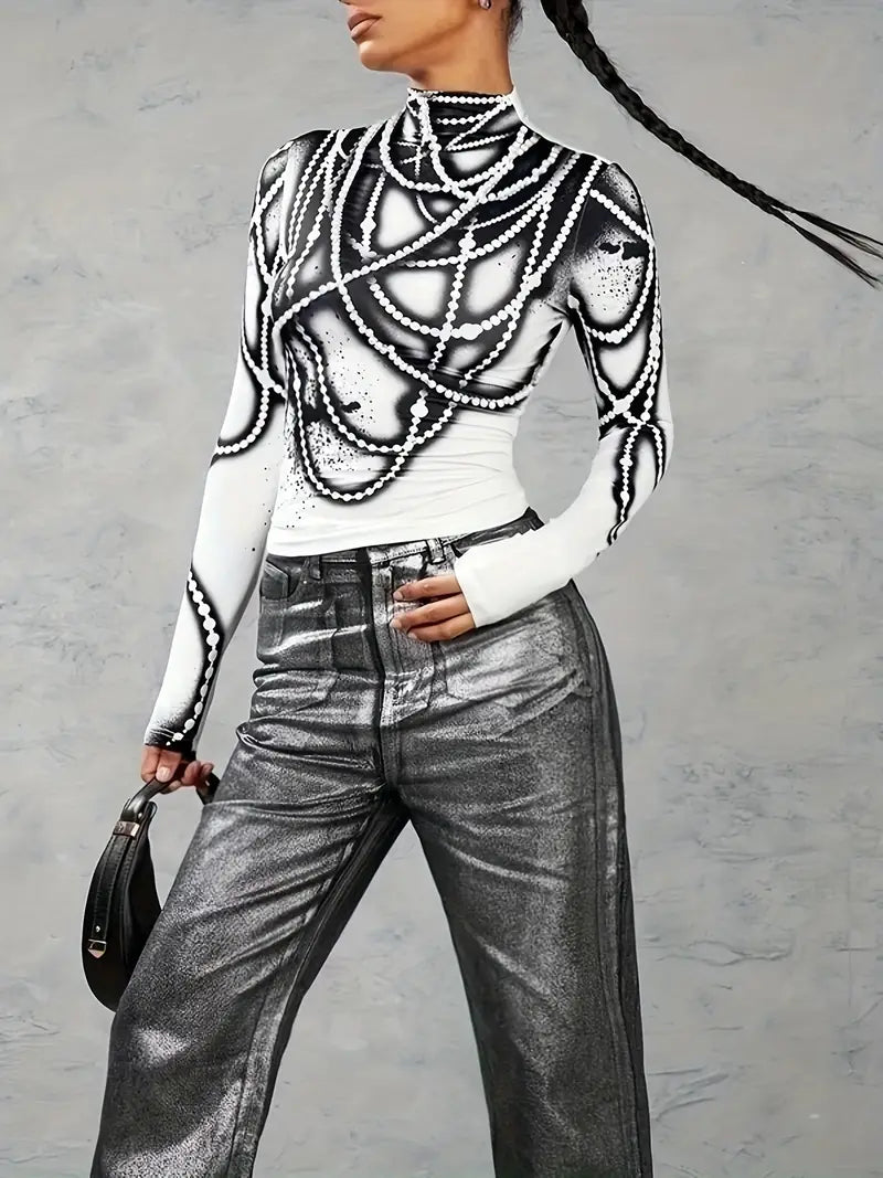 Drusilla - Top da donna astratto con collo alto e maniche lunghe