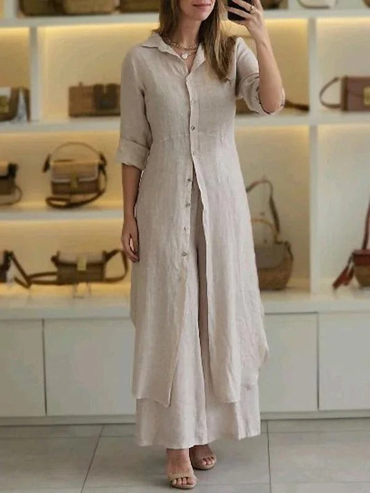 Sunniva - Completo casual in lino con abito lungo abbottonato e pantaloni a gamba larga