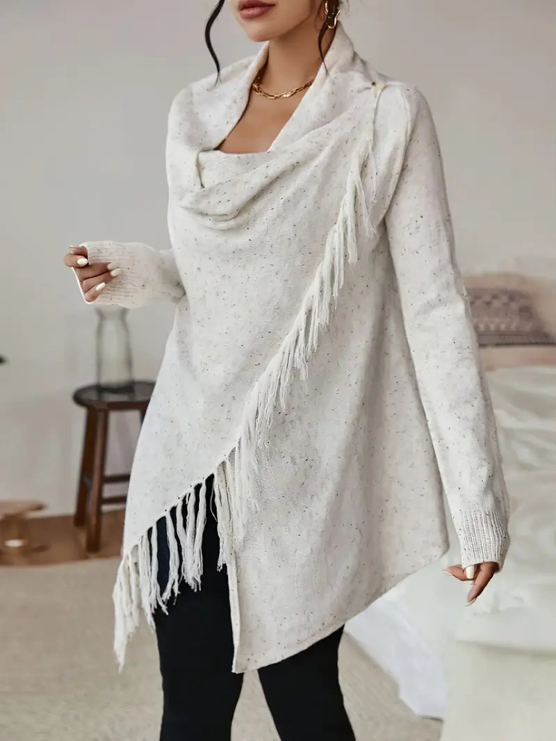 Katherine - Cardigan con scollo a cappuccio e orlo con nappe
