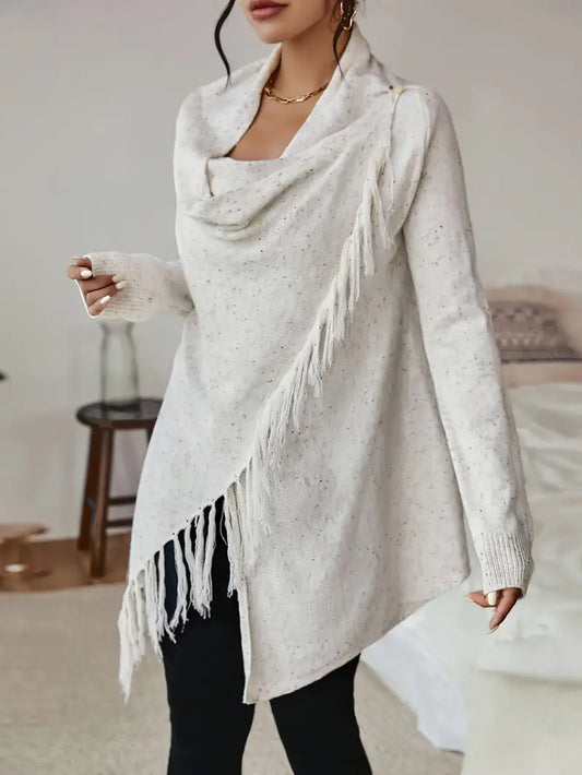 Katherine - Cardigan con scollo a cappuccio e orlo con nappe