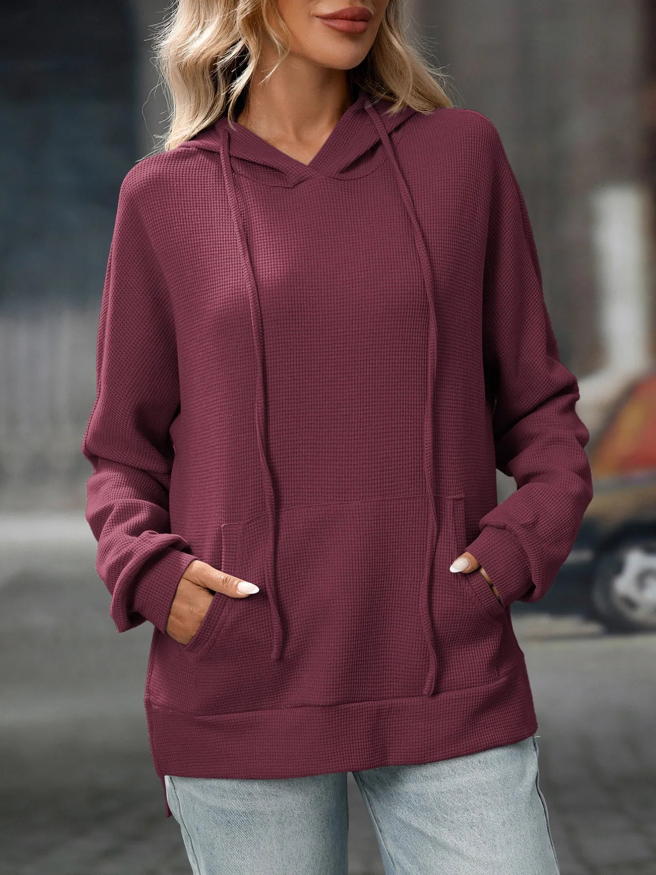 Thalina - Giacca casual con cappuccio, coulisse regolabile e tessuto testurizzato