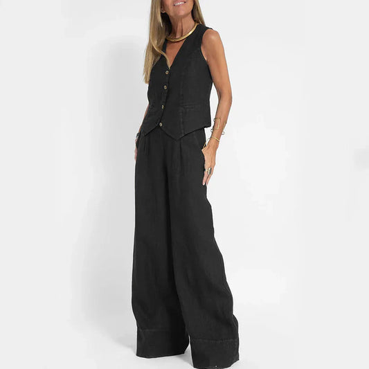 Hilda - Elegante set di pantaloni con gilet a gamba larga in cotone e lino