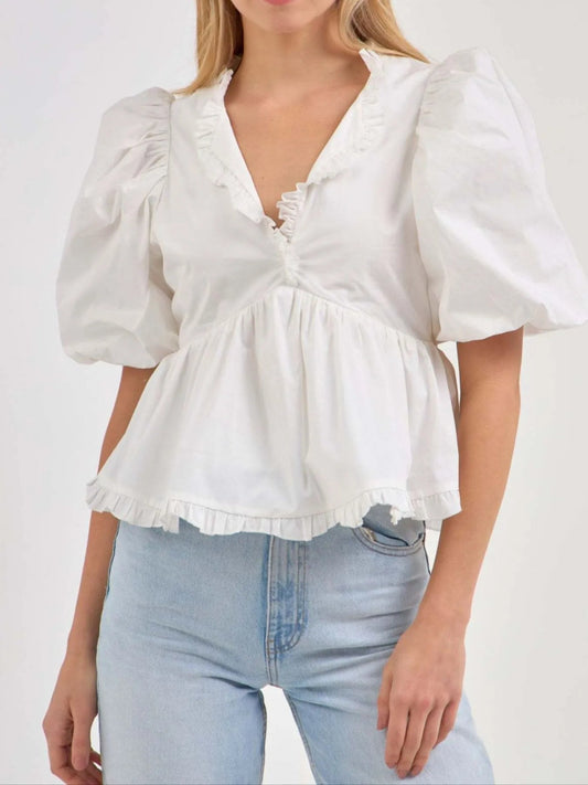 Kath - Elegante blusa peplum con maniche a sbuffo