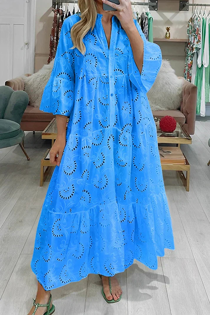 Mirasol - Elegante abito maxi vintage ricamato con maniche a campana