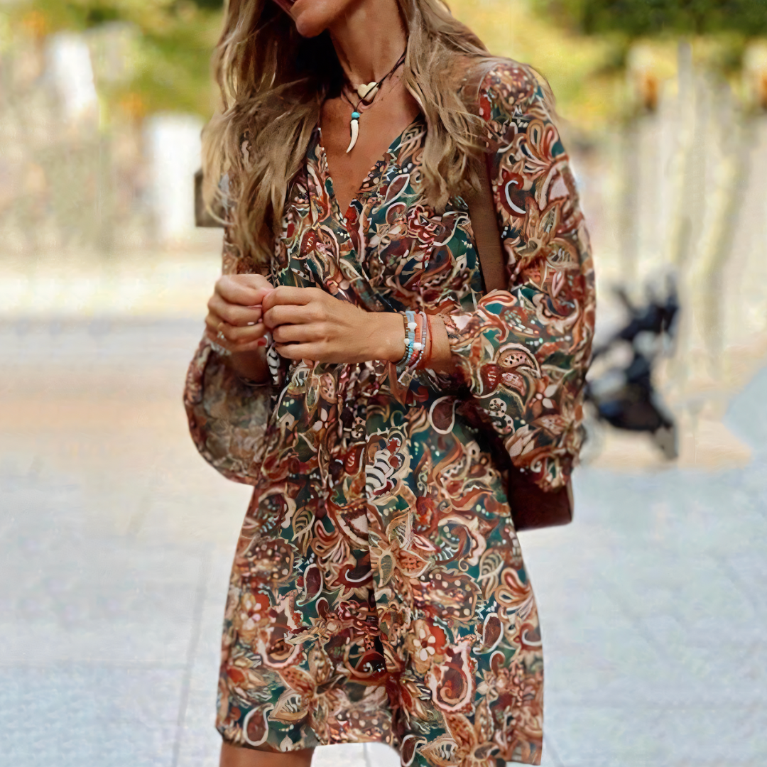 Rhianne - Elegante mini abito floreale con scollo a V profondo