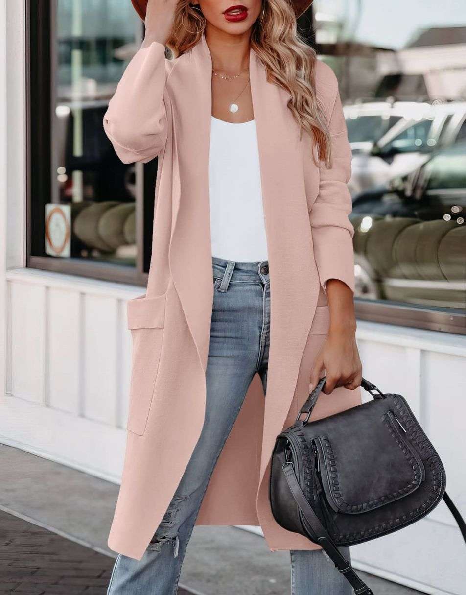 Rozlyn - Cardigan lungo in maglia con apertura frontale, stile casual