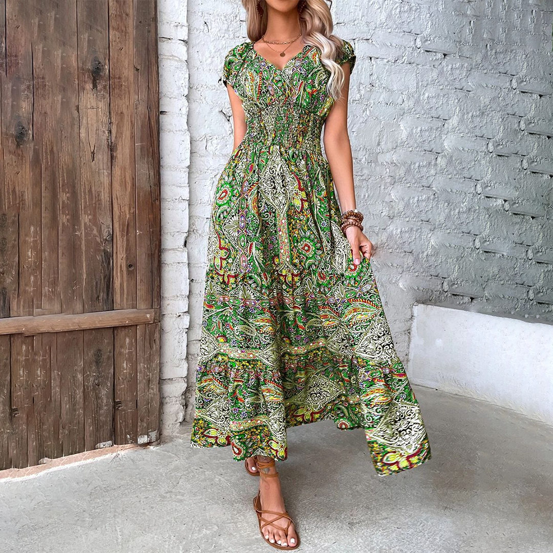 Keisha - Elegante maxiabito a maniche corte con scollo a V e stampa boho