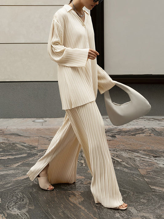 Valery - Completo elegante con blusa plissettata a maniche lunghe e pantaloni ampi