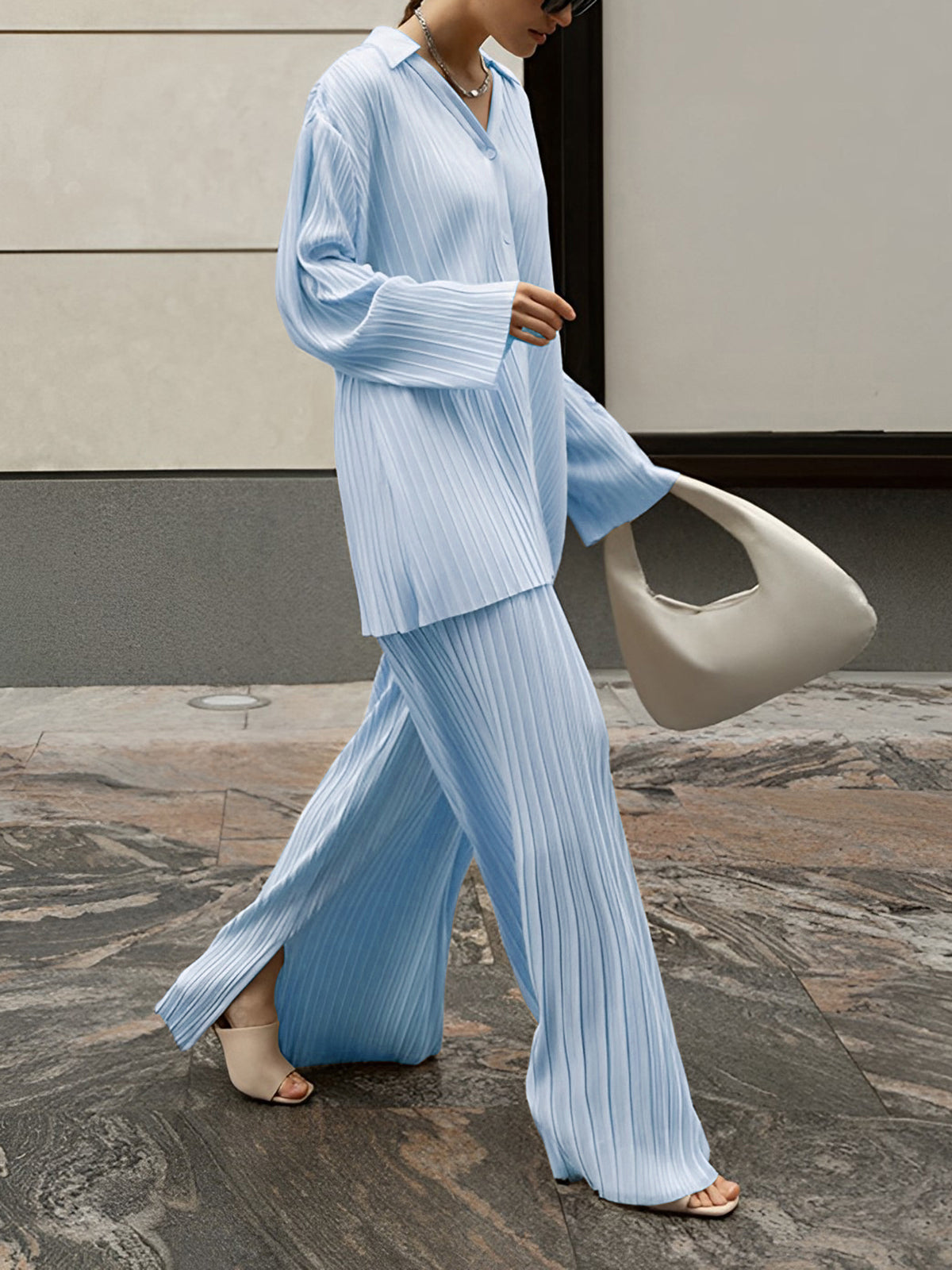 Valery - Completo elegante con blusa plissettata a maniche lunghe e pantaloni ampi