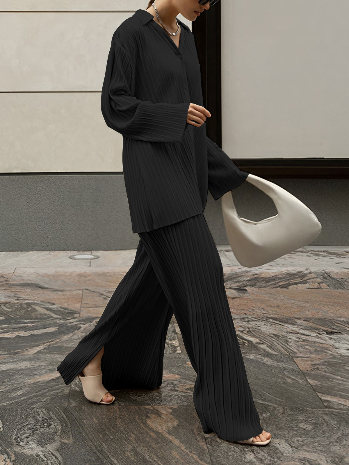 Valery - Completo elegante con blusa plissettata a maniche lunghe e pantaloni ampi