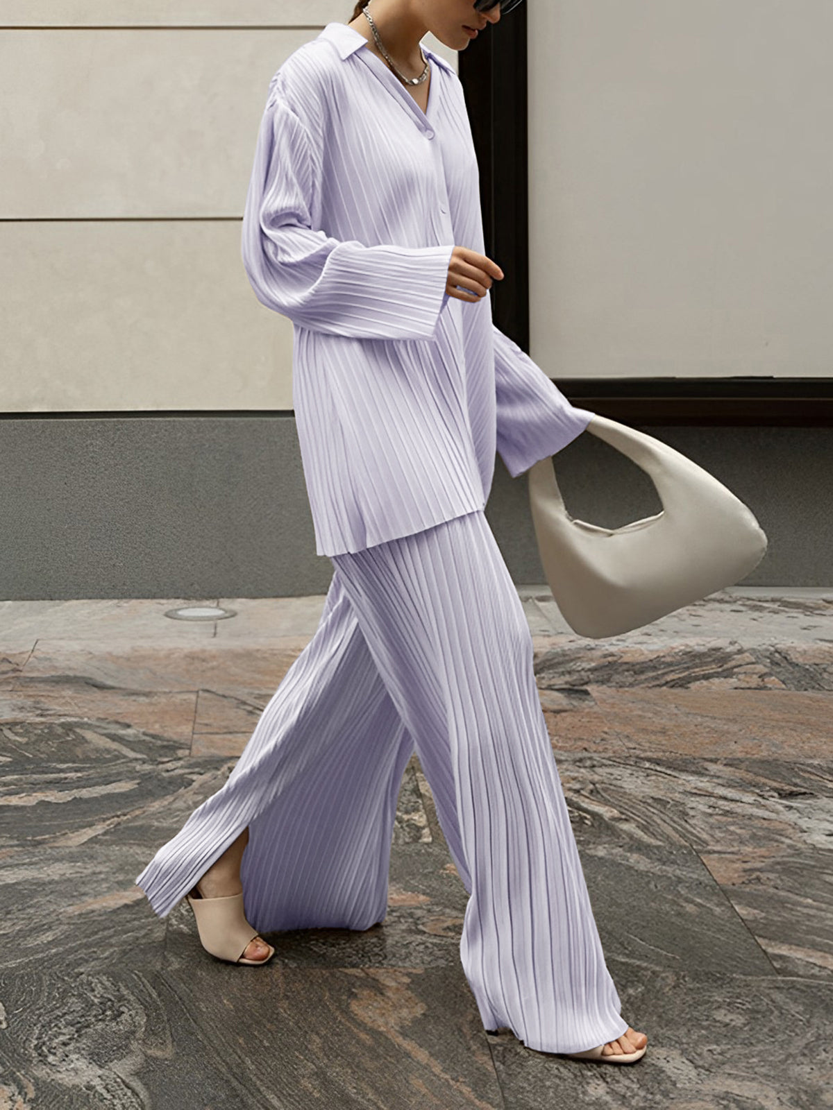 Valery - Completo elegante con blusa plissettata a maniche lunghe e pantaloni ampi