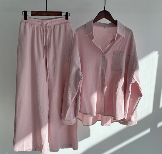 Chantelle - Elegante completo casual con camicia a maniche lunghe e pantaloni a gamba larga