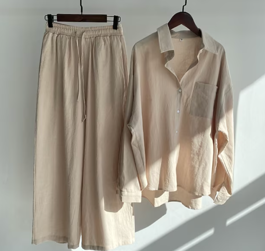 Chantelle - Elegante completo casual con camicia a maniche lunghe e pantaloni a gamba larga