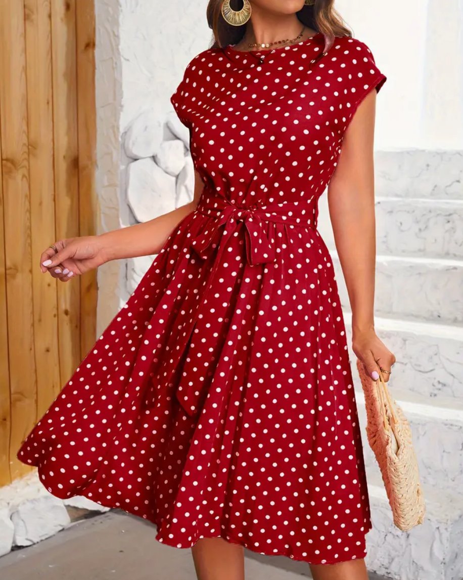 Teresa - Elegante abito midi a pois con cintura da annodare
