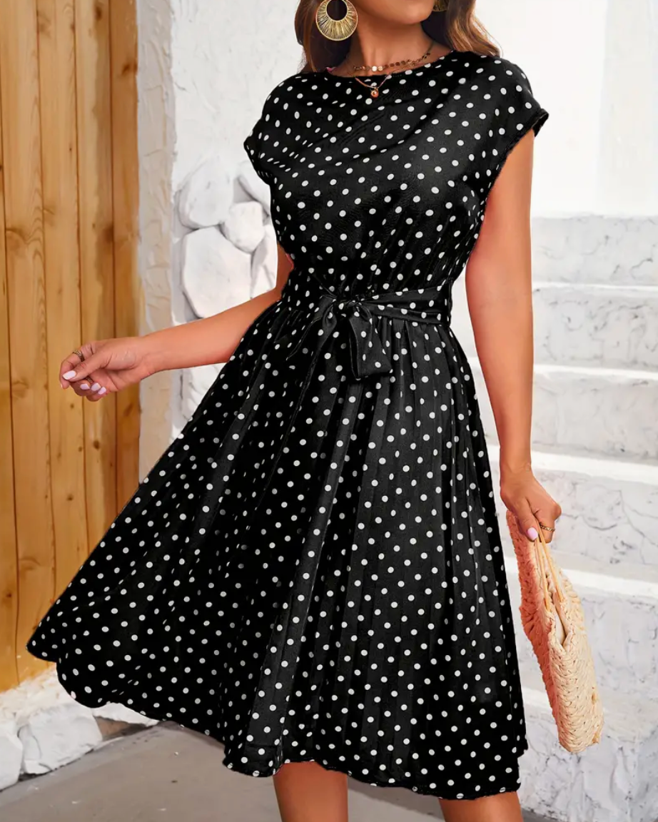 Teresa - Elegante abito midi a pois con cintura da annodare
